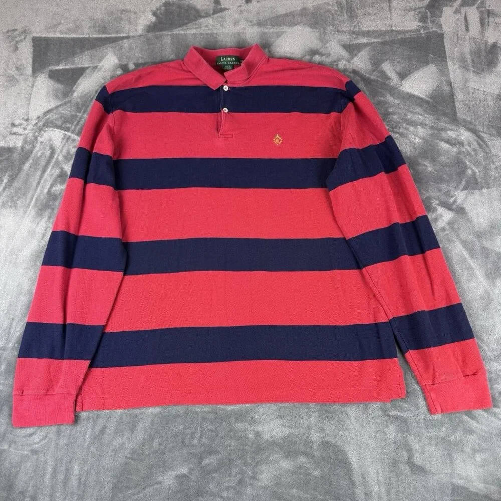 Lauren Ralph Lauren Mens  XL Red & Blue Striped Rugby Shirt Long Sleeve Polo